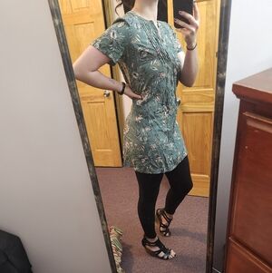 Floral Green Tunic Dress with Black Leggings